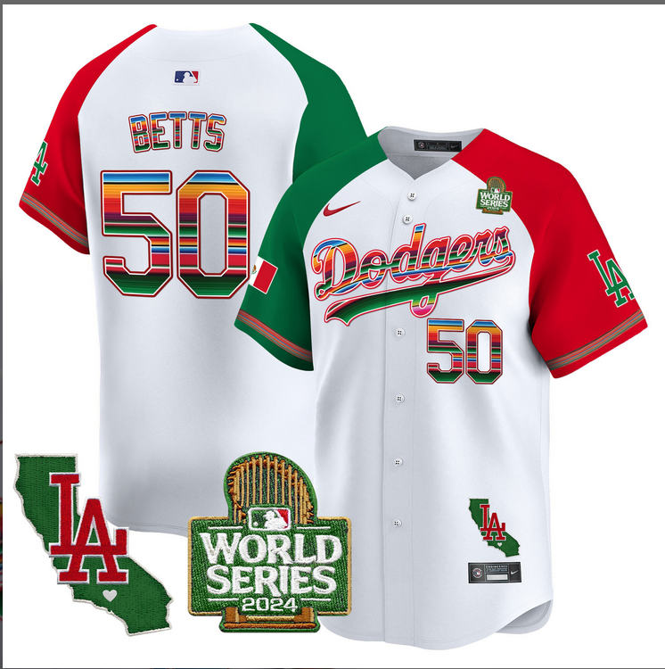 Men MLB Mexico Los Angeles Dodgers #50 betts white 2024 World Series Champions Patch Jersey 2024110 style 2